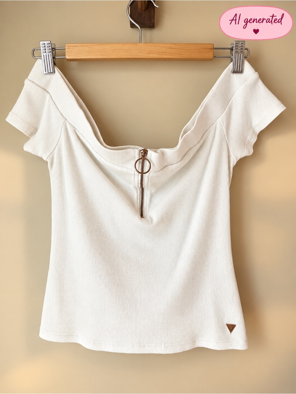 GUESS White Ribbed Zip Front Top | Draped Neckline | Size M